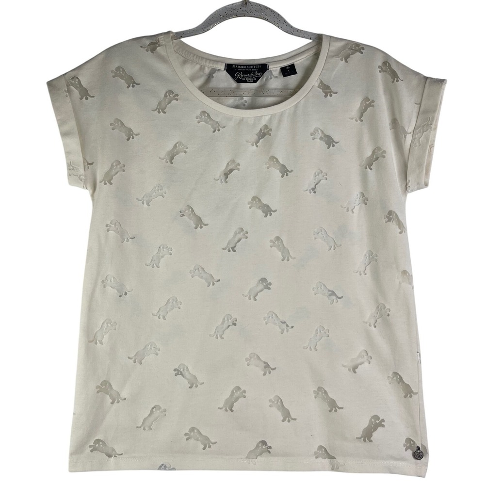 Scotch & Soda Maison Scotch Burnout Women's Tee, Cream Ivory with Lions, sz 4 US